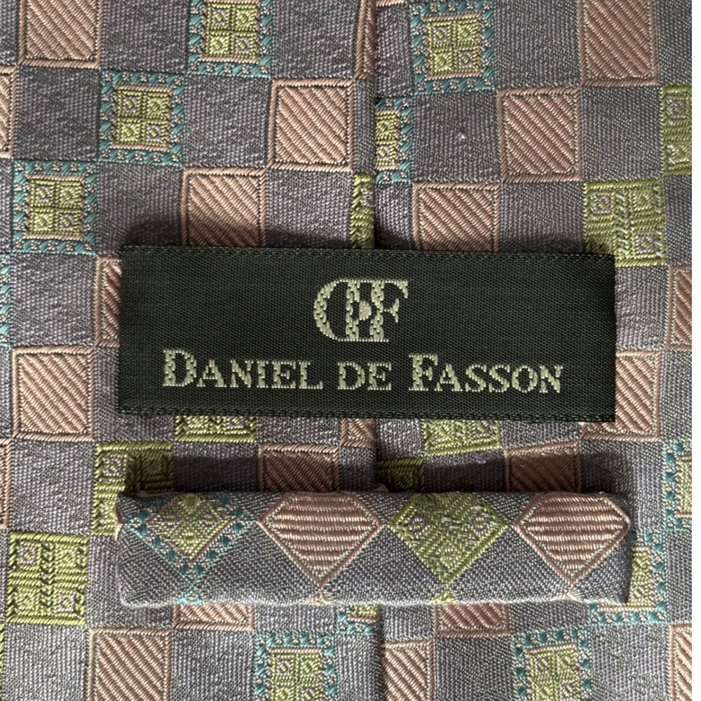 Daniel De Fasson Mens‎ Silk Necktie Gray Pink Green Check Pattern Tie Vintage - Picture 3 of 13